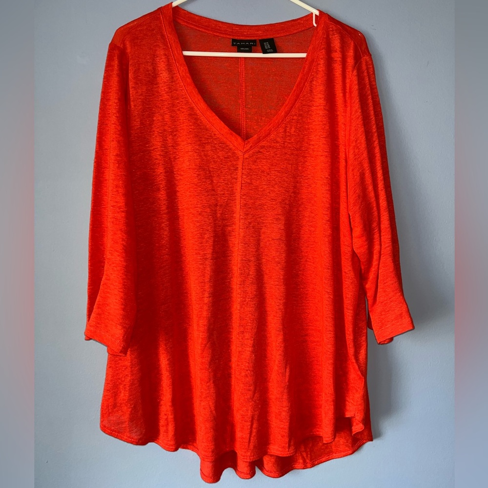 Tahari Linen Top 1X V Neck 3/4 Sleeve Shirt High Low Red / Orange